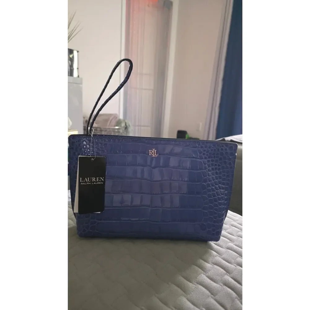 Ralph Lauren Large Blue Croc Embossed Leather Pouch RLL Zip Clutch NWT